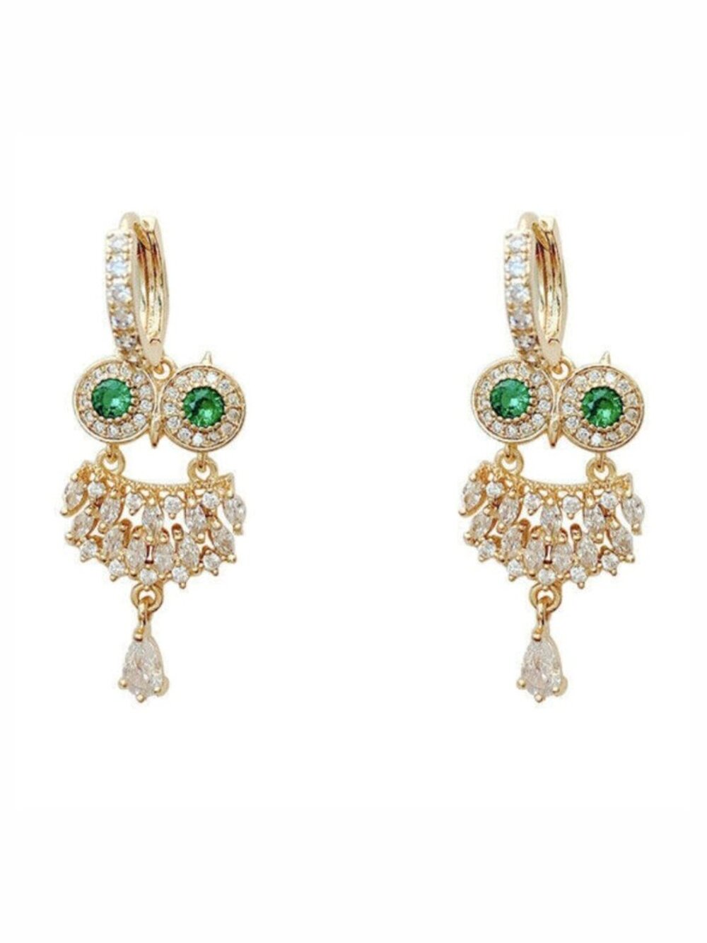 Owl Earrings Green Eyes Rhinestones 925 Silver Gold Vermeil Pierced NWT M387 - Picture 1 of 4